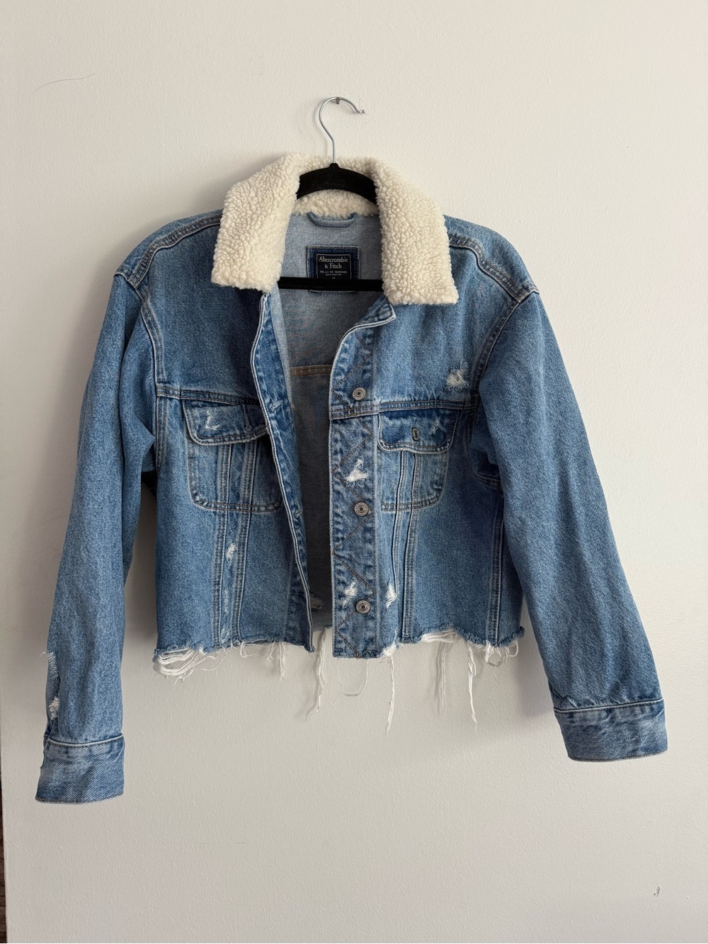 Abercrombie & Fitch Light Blue Distressed Denim Jacket with Cream Sherpa Collar